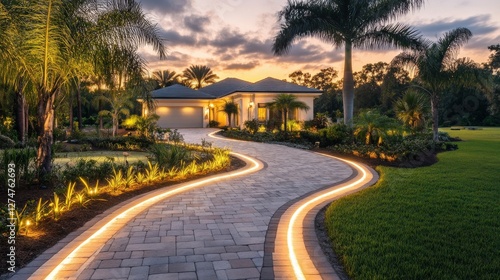 Illuminated Driveway Leading to Luxurious Suburban Home