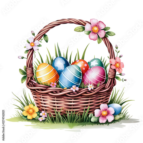 Easter Basket with Colorful Eggs, Flowers, and Grass