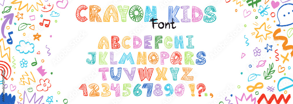 Crayon kids font, doodle funny playful alphabet, hand drawn letters and numbers. School wax crayon abc for educational banners, school, kindergarten. Vector cartoon children illustration Crayon kids font, doodle funny playful alphabet, hand drawn letters and numbers. School wax crayon abc for educational banners, school, kindergarten. Vector cartoon children illustration