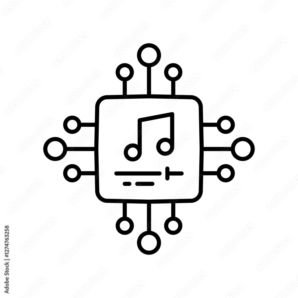 Music and AI Technology Chip Icon. Minimalist symbol depicting a microchip with a musical note, symbolizing artificial intelligence, digital music, and sound technology Music and AI Technology Chip Icon. Minimalist symbol depicting a microchip with a musical note, symbolizing artificial intelligence, digital music, and sound technology