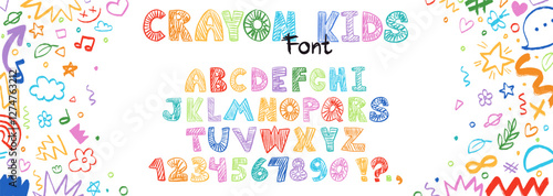 Crayon kids font, doodle funny playful alphabet, hand drawn letters and numbers. School wax crayon abc for educational banners, school, kindergarten. Vector cartoon children illustration