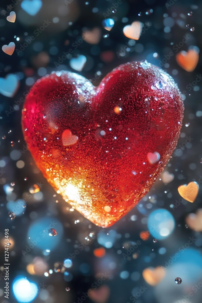 Obraz premium Shiny red heart with sparkles against dark backdrop.