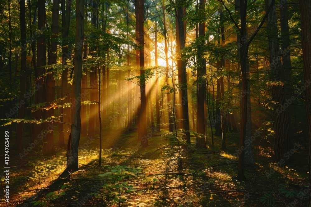 Obraz premium Sunlight filtering through trees in a forest creates a magical atmosphere during early morning hours after a fresh rain