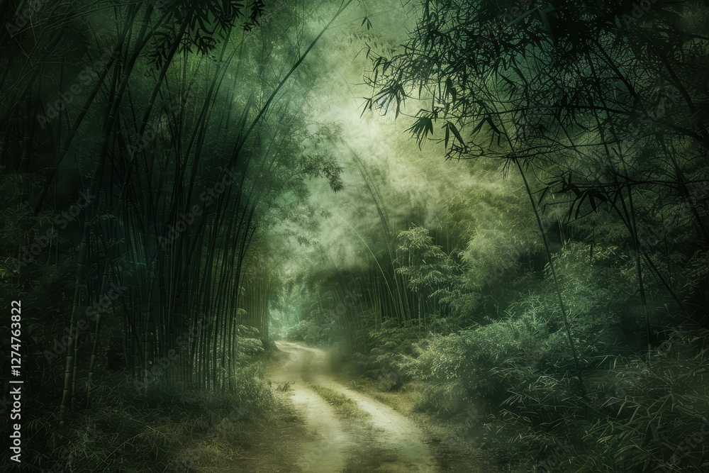 Naklejka premium Lush bamboo forest with sunlight filtering through foliage creates a serene hiking atmosphere in early morning hours