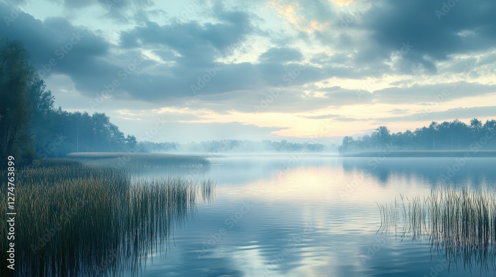 Serene sunrise over misty lake with reflections and clouds in peaceful natural landscape Serene sunrise over misty lake with reflections and clouds in peaceful natural landscape