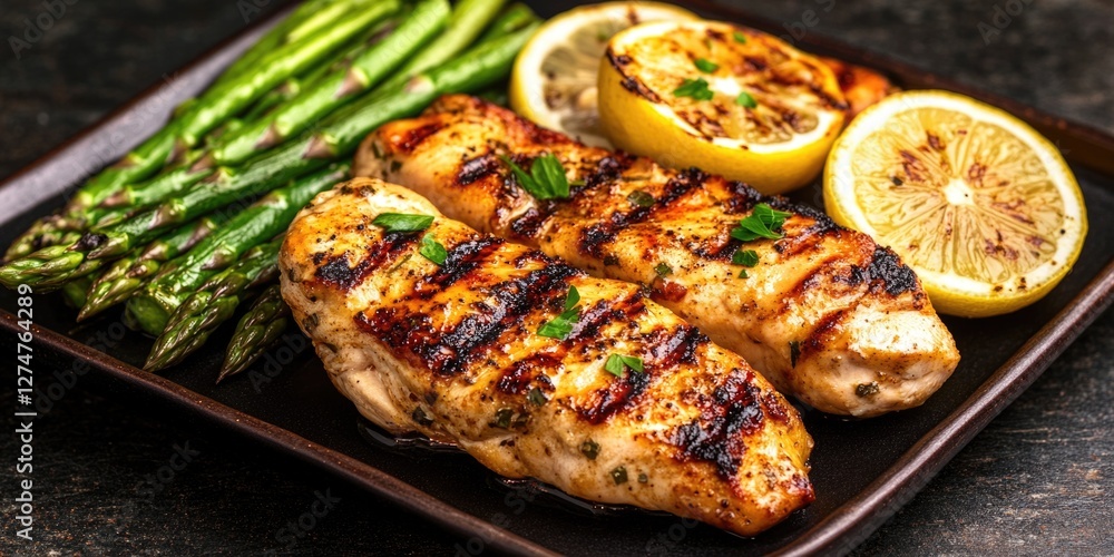 Close-up of grilled chicken breast and asparagus spears with lemon slices, on a wooden table. Close-up of grilled chicken breast and asparagus spears with lemon slices, on a wooden table.
