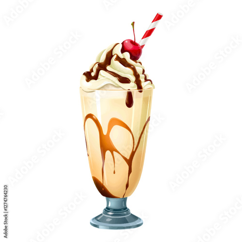 Illustration of a rich chocolate milkshake with a straw and dripping syrup, ideal for beverage branding, food blogs, or restaurant visuals.