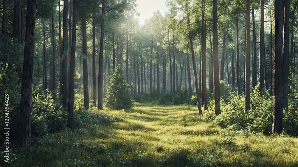 Fototapeta premium Sunlit forest pathway with tall pine trees and lush greenery