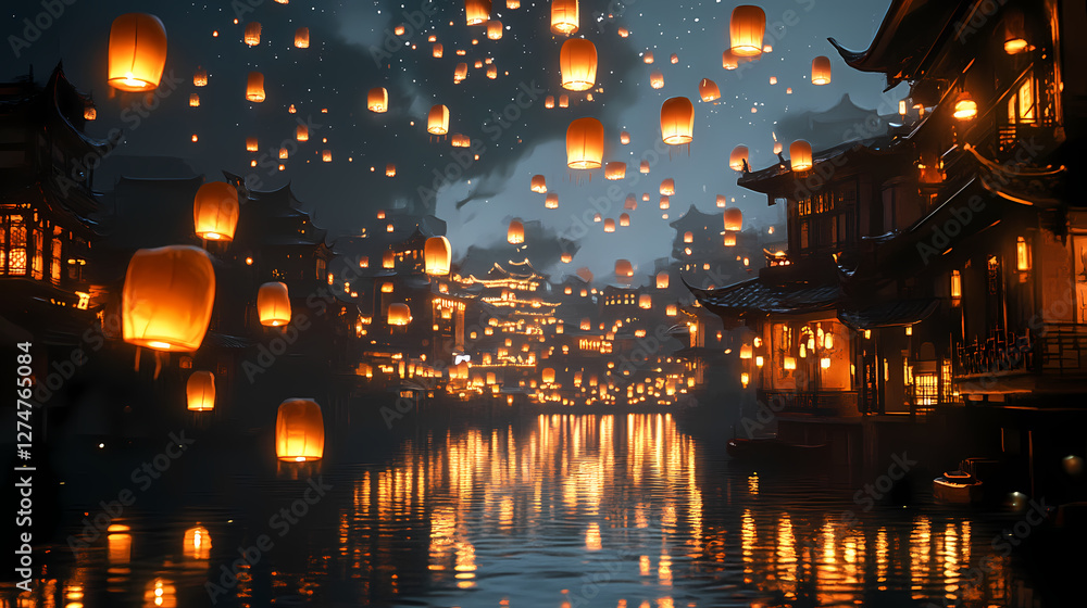 Obraz premium Enchanted asian city at night with floating lanterns. Enchanted Floating Lanterns. Illustration