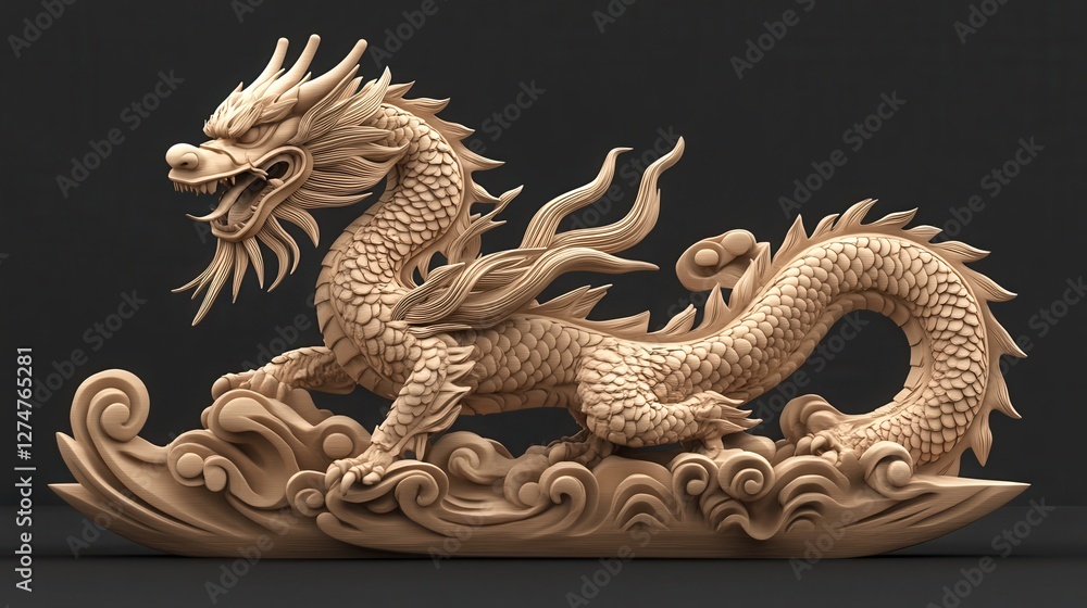 Fototapeta premium Intricate wooden dragon sculpture with flowing waves on dark background