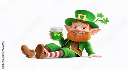 St. Patrick’s Day celebration concept. Happy leprechaun in green outfit lounges playfully while holding a foamy mug of green beer decorated with a shamrock. White background.