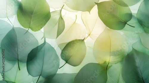 Transparent leaves overlapping in soft green and yellow pastel hues