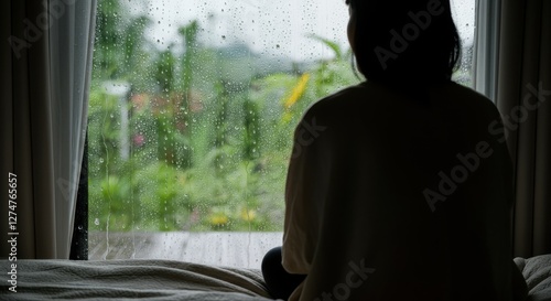 Silhouette of young asian female contemplating rainy day by window