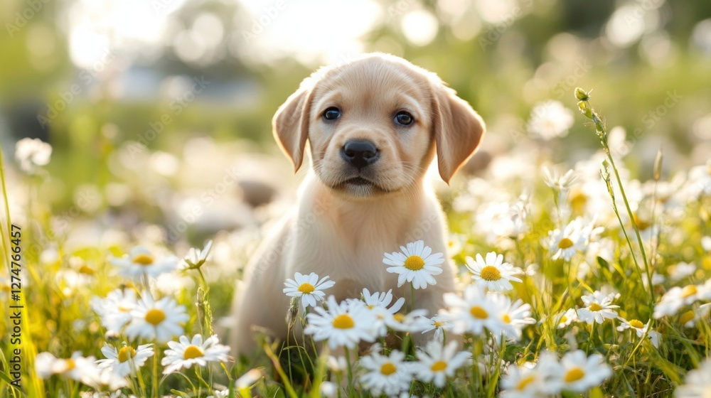 Adorable Lab Puppy in a Field of Daisies. Possible use for greeting card or children's book Adorable Lab Puppy in a Field of Daisies. Possible use for greeting card or children's book