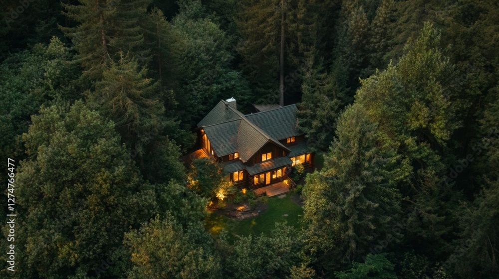Aerial view of a house in a dark forest at night. Possible use Stock photography Aerial view of a house in a dark forest at night. Possible use Stock photography