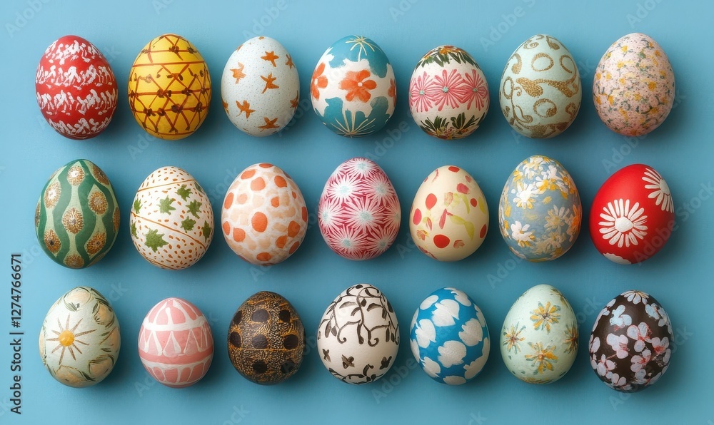 A top view of pastel Easter eggs displayed on a blue background, using a flat lay technique. A top view of pastel Easter eggs displayed on a blue background, using a flat lay technique.
