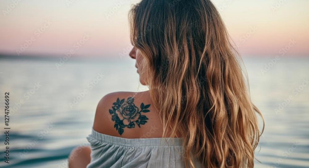 Young caucasian woman with tattoo on shoulder at beach during sunset Young caucasian woman with tattoo on shoulder at beach during sunset