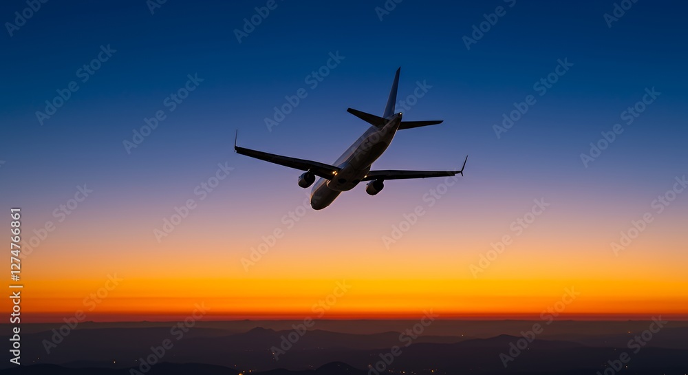 Airplane Ascending Into Evening Sky with Golden Sunset Gradient Above Mountains Airplane Ascending Into Evening Sky with Golden Sunset Gradient Above Mountains
