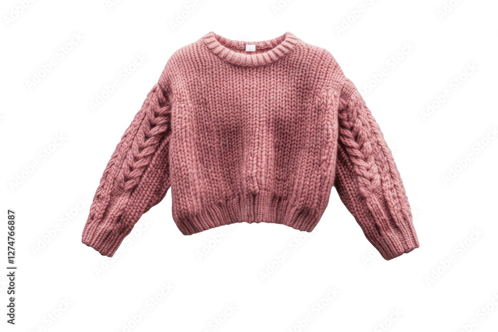 Obraz premium Cozy bubblegum pink knitted sweater with intricate cable patterns floating against a soft backdrop isolated on transparent background