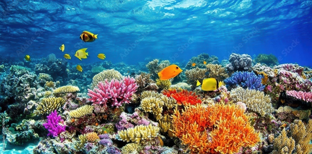 Fototapeta premium Coral Reef Thrives with Fish, Colorful Ecosystem Biodiversity