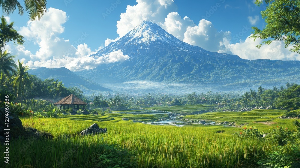 Fototapeta premium Lush green rice fields with mountain and blue sky in tropical landscape