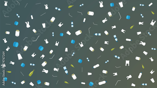 Seamless Pattern of Plastic Waste and Pollution Elements on Dark Background for Environmental Awareness