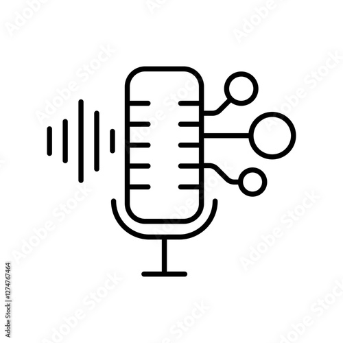 Artificial intelligence voice recognition technology icon featuring a microphone with sound waves and circuit connections, symbolizing AI voice recognition, podcasting, and digital audio processing