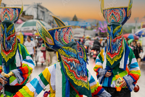  Phi Ta Khon festival Ghost mask and colorful costume Fun Traditional Tradition Very famous There are tourists around the world at Dan Sai Loei halloween of Thailand. photo