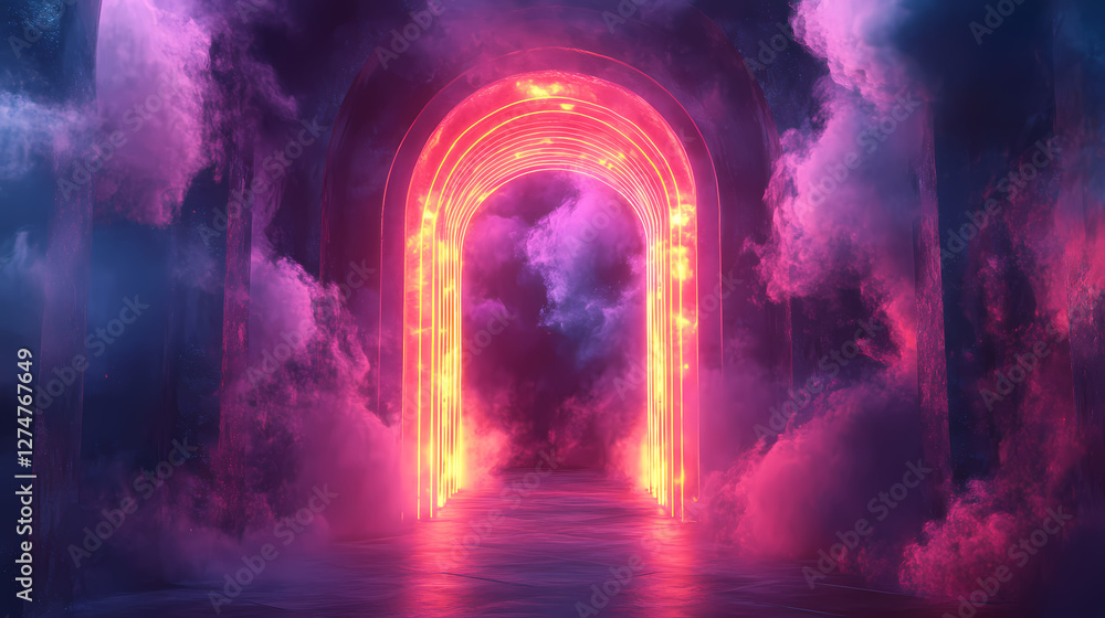 The smoke magic glowing portal with neon effect is a fantasy entrance. Phosphorescent Celestial Gateway. Illustration The smoke magic glowing portal with neon effect is a fantasy entrance. Phosphorescent Celestial Gateway. Illustration