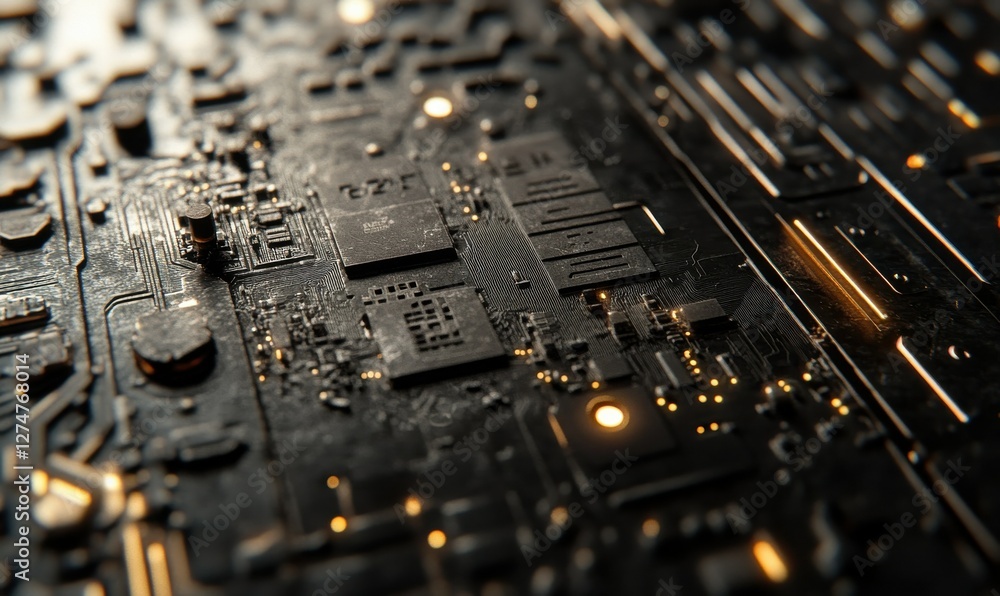 Close-up of an isolated CPU chip resting on a sleek metallic surface, intricate circuit lines glowing faintly, minimalist tech product presentation Close-up of an isolated CPU chip resting on a sleek metallic surface, intricate circuit lines glowing faintly, minimalist tech product presentation