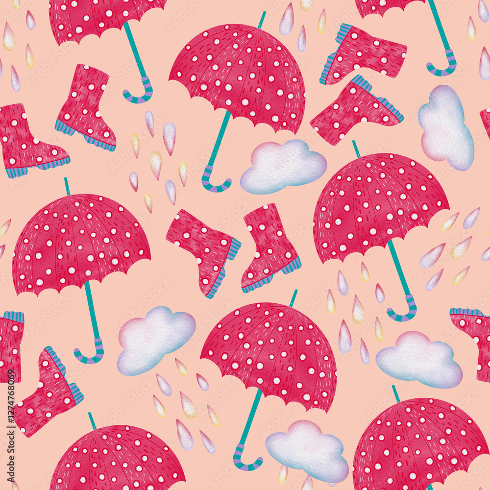 Hand-drawn seamless rain pattern with umbrellas, raindrops, clouds, rubber boots, watercolor texture for textile, wrapping paper, baby clothes, kids fashion, seasonal design Hand-drawn seamless rain pattern with umbrellas, raindrops, clouds, rubber boots, watercolor texture for textile, wrapping paper, baby clothes, kids fashion, seasonal design