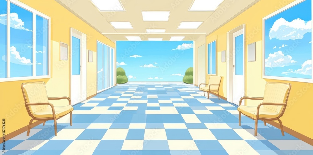 Fototapeta premium Empty Hallway Invites with Checkered Floor and Waiting Chairs, Sunny Day and Open Sky Views, Tranquil Waiting Area