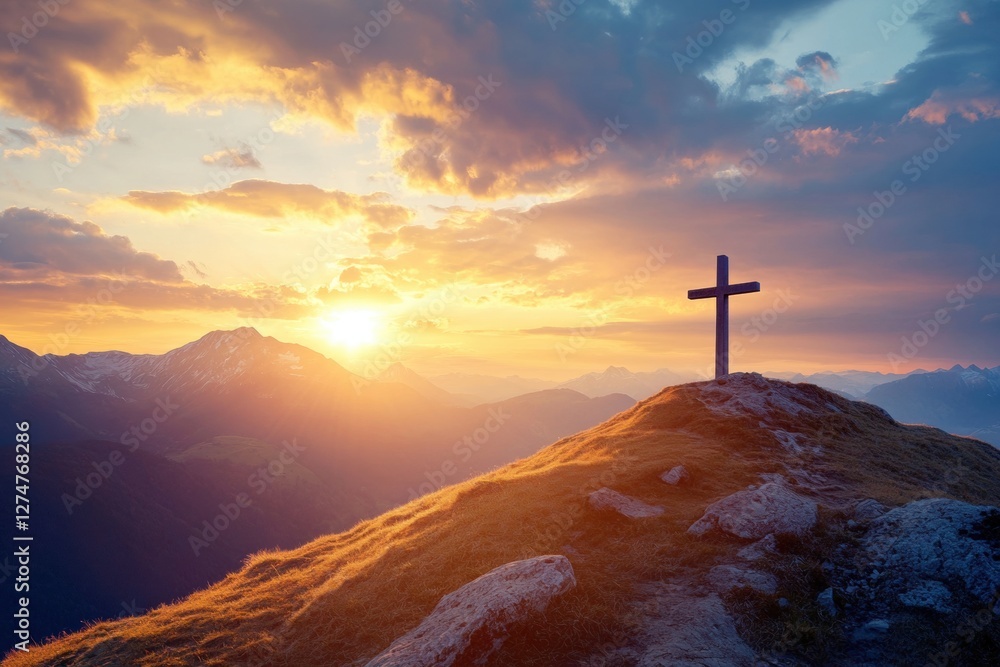 A cross atop a mountain with a sunset, symbolizing the hope and light that Jesus brings to all people Generative AI A cross atop a mountain with a sunset, symbolizing the hope and light that Jesus brings to all people Generative AI
