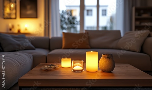 Cozy living room with neutral-toned sofas, glowing candles on a wooden table, and warm ambient lighting enhancing the atmosphere.