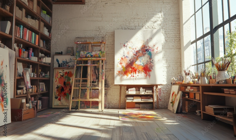 Creative artist’s studio with vibrant paint splashes, wooden shelves filled with art supplies, and soft natural light enhancing the artistic vib Creative artist’s studio with vibrant paint splashes, wooden shelves filled with art supplies, and soft natural light enhancing the artistic vib