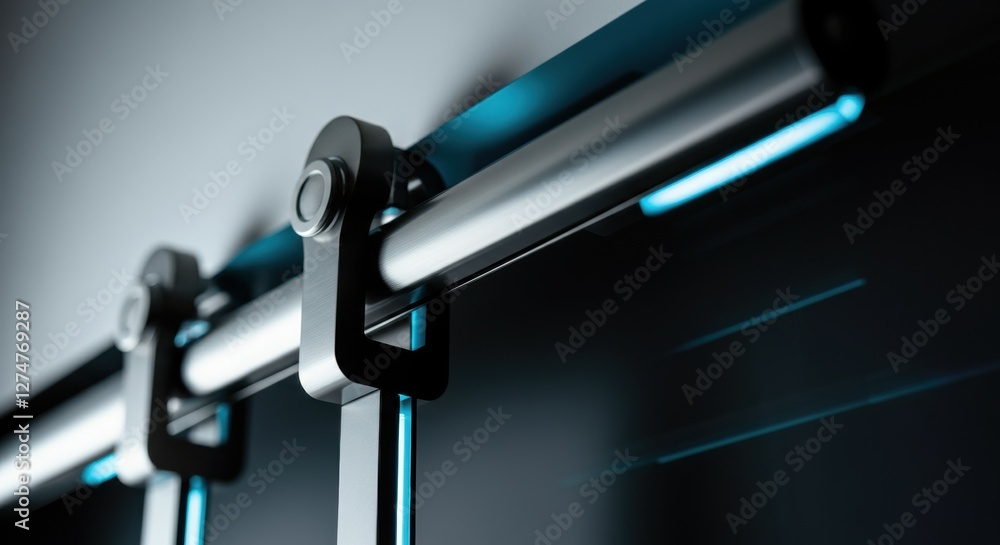 Sleek modern sliding door mechanism with blue led highlights Sleek modern sliding door mechanism with blue led highlights