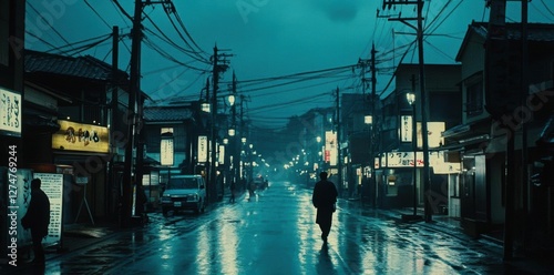 Person Walks Down Rainy Street at Night with Reflections, City Night, Urban, Rainy Night, Japan Street