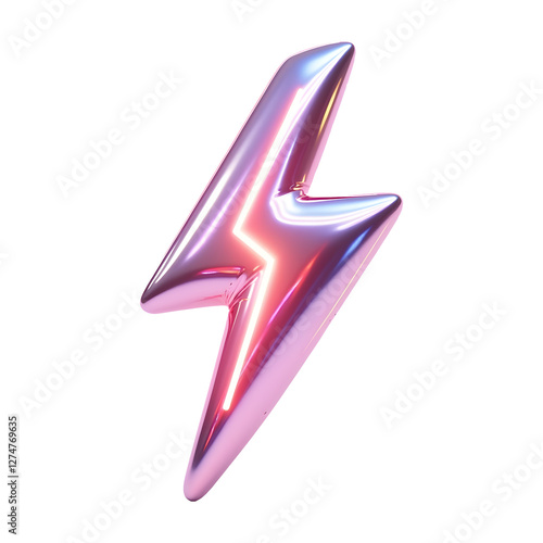 3D Metallic Lightning Bolt Icon with Fluid Holographic Iridescent Energy Render and Lightning Effects on Transparent Background