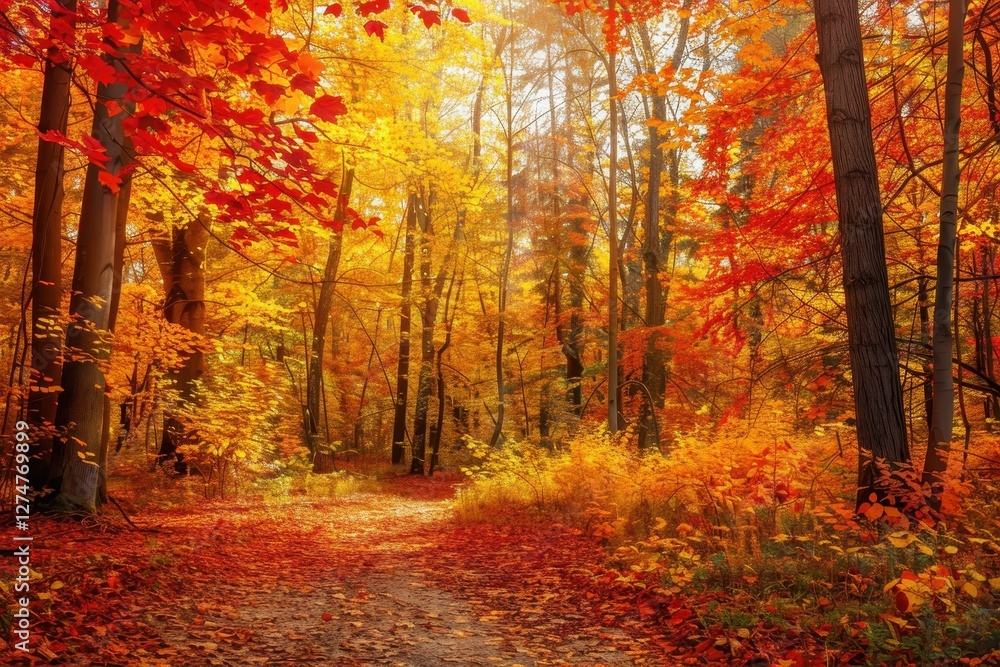 Fototapeta premium Colorful autumn foliage showcases vibrant reds, oranges, and yellows in a tranquil forest setting during peak fall season