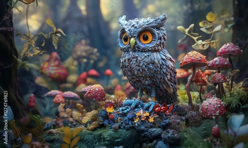 A whimsical owl made of intricate materials sits amidst vibrant, fantastical mushrooms and foliage in an enchanting forest.