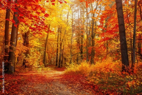 Colorful autumn foliage showcases vibrant reds, oranges, and yellows in a tranquil forest setting during peak fall season