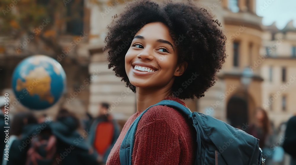 Naklejka premium Joyful Traveler in Europe: A Young Woman with a Backpack Smiles Amidst European Architecture