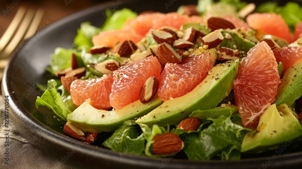 Delicious grapefruit and avocado salad on dark plate Delicious grapefruit and avocado salad on dark plate