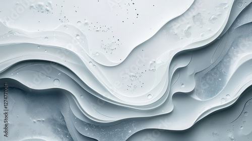 Abstract wave-like fluid shapes in white with textured surface and subtle gradients
