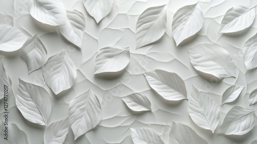 Elegant white leaves in layered arrangement with soft shadows on textured surface
