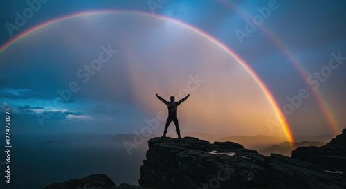 Person Standing on Cliff with Rainbow in Sky