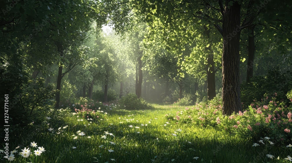 Fototapeta premium Sunlit forest meadow with blooming flowers and lush greenery in spring