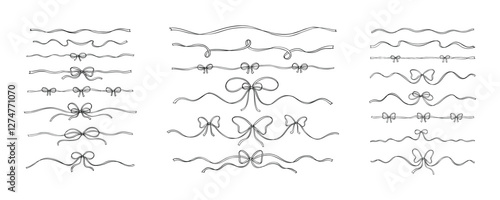 Set of bow ribbon set dividers, text separators, whimsical wavy borders. Hand drawn cute line doodle hand drawn elements. Vintage victorian filigree design elements. Wedding, bachelorette invitation