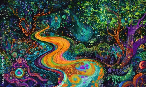 Generate an image featuring a radiant stream of colors snaking through an otherworldly setting