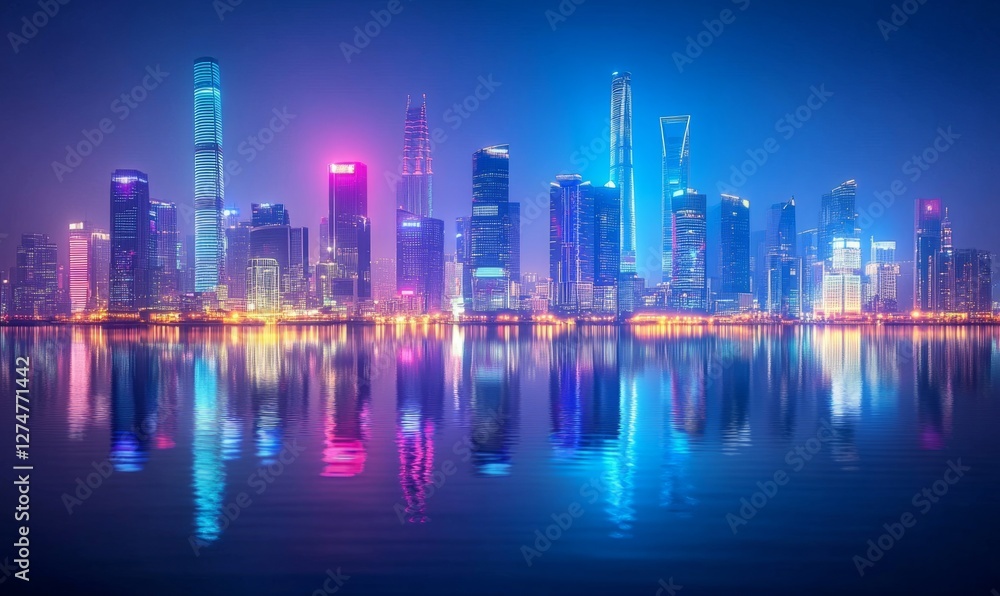 Fototapeta premium A vibrant cityscape at night is illuminated by the dazzling lights of skyscrapers reflecting off the calm water below.